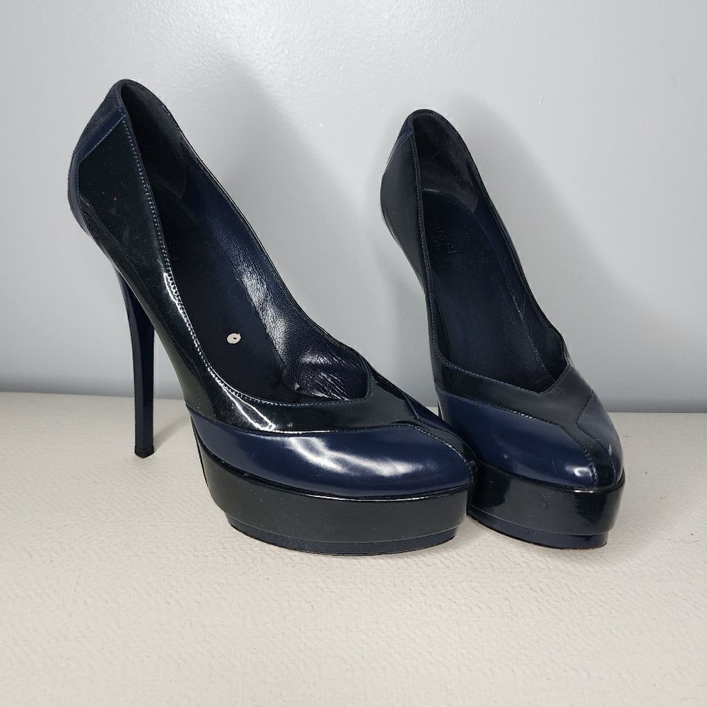 GUCCI STILLETTO PUMPS PLATFORM BLACK/Blue HEELS SIZE 6.5 Authentic